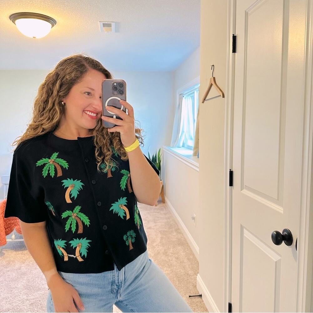 Vintage Bechamel Black Green Palm Tree Cropped Top Large